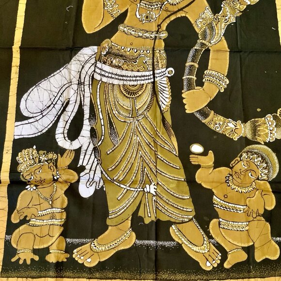 Vintage Batik Tapestry – Hindu Goddess & Attendants – Gold on Brown 30” x 45” - Picture 3 of 12